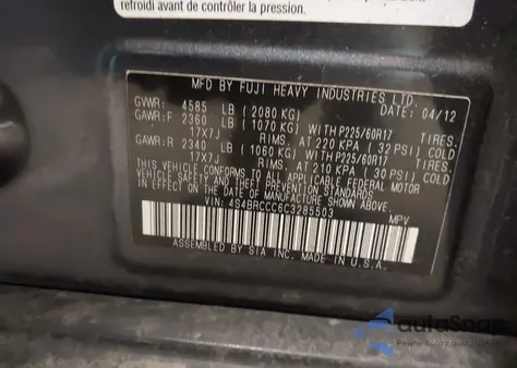 2012 Subaru Outback 2.5I Premium z USA, uszkodzony, nr VIN 4S4BRCCC6C3285503